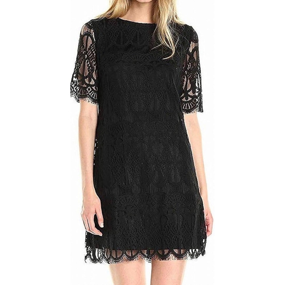 Ronni Nicole Black‎ Lace Shift Dress Short Sleeve Mini Cocktail Party Womens 14